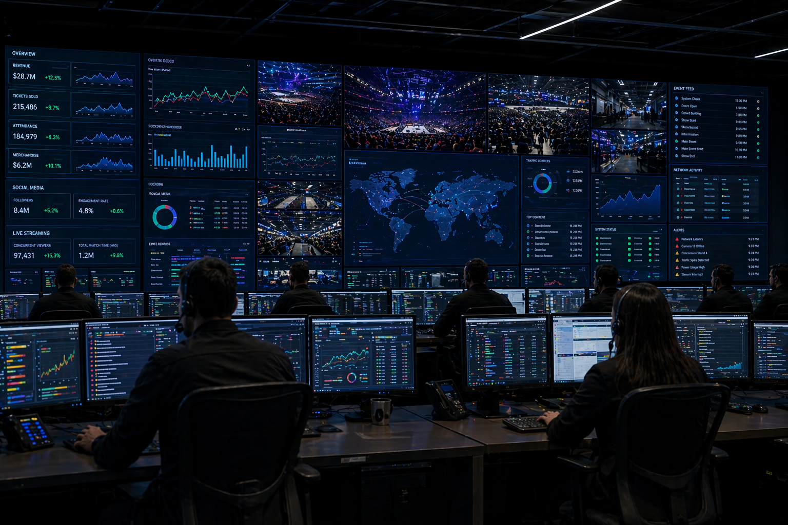 Sports and entertainment operations command center with real-time dashboards